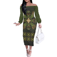 Hawaii Ohia Lehua Squares Off The Shoulder Long Sleeve Dress Hawaiian Quilt Inspired Floral Pattern