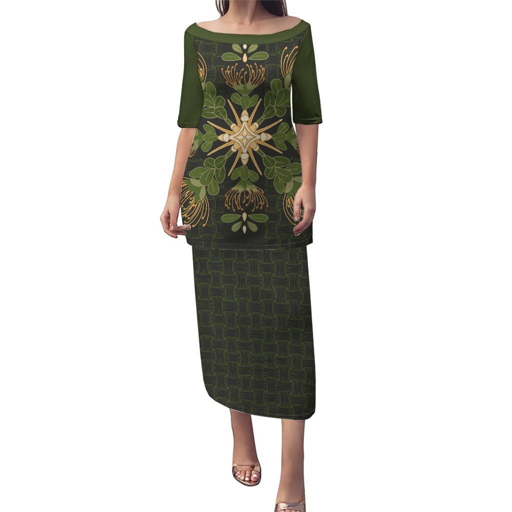 Hawaii Ohia Lehua Squares Puletasi Hawaiian Quilt Inspired Floral Pattern LT9 Long Dress Green - Polynesian Pride