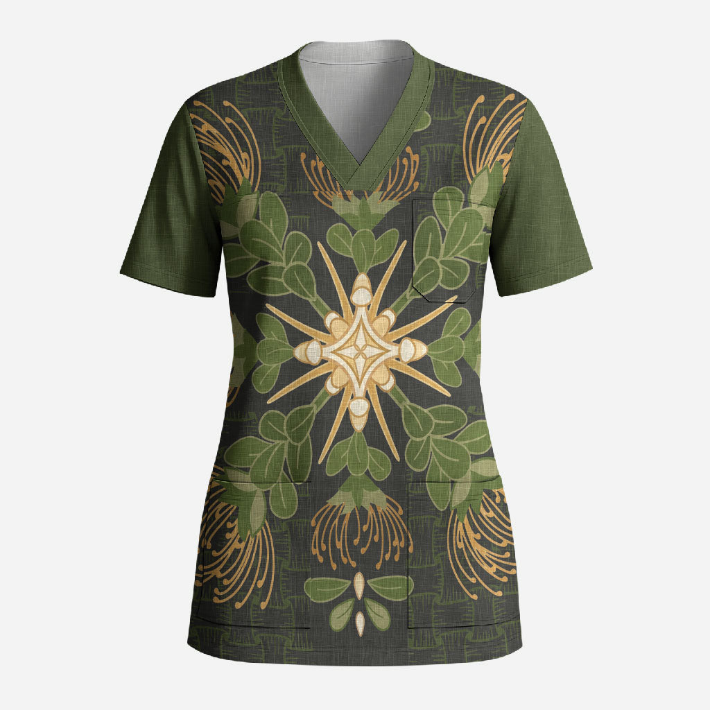 Hawaii Ohia Lehua Squares Scrub Top Hawaiian Quilt Inspired Floral Pattern LT9 Adult Green - Polynesian Pride