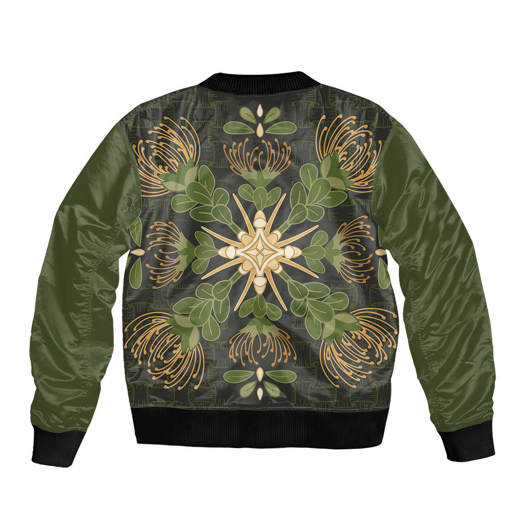 Hawaii Ohia Lehua Squares Sleeve Zip Bomber Jacket Hawaiian Quilt Inspired Floral Pattern