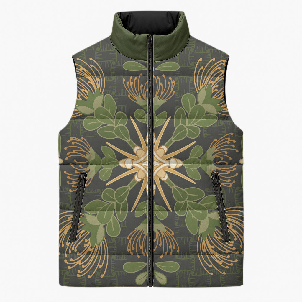 Hawaii Ohia Lehua Squares Sleeveless Puffer Jacket Hawaiian Quilt Inspired Floral Pattern LT9 Unisex Green - Polynesian Pride