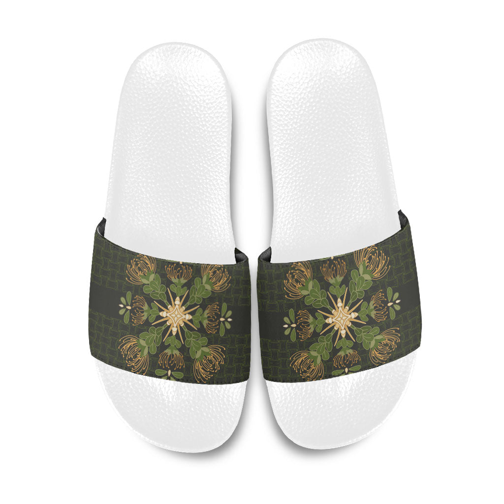 Hawaii Ohia Lehua Squares Slide Sandals Hawaiian Quilt Inspired Floral Pattern