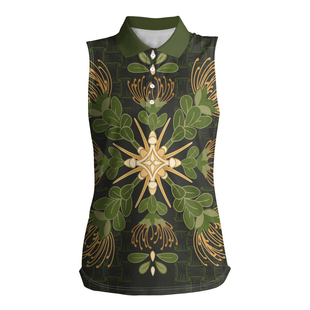 Hawaii Ohia Lehua Squares Women Sleeveless Polo Shirt Hawaiian Quilt Inspired Floral Pattern