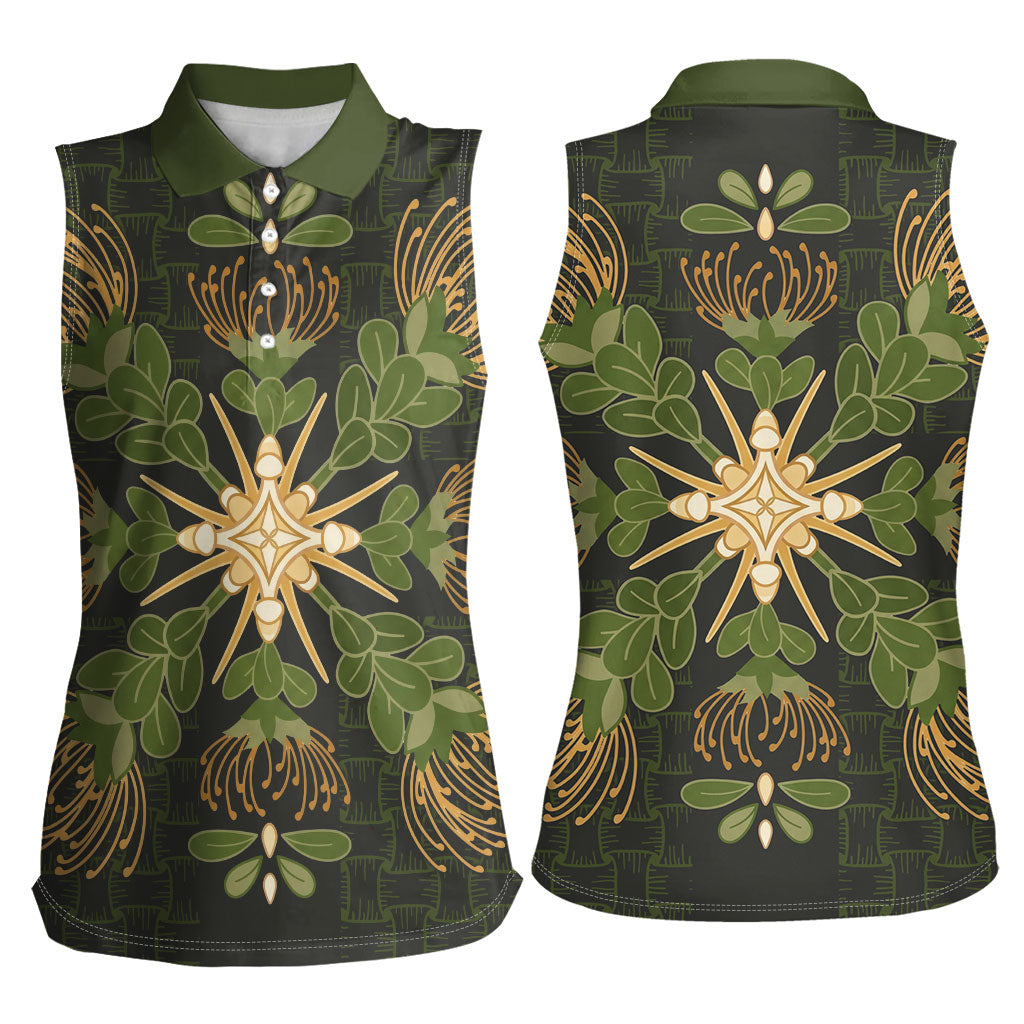 Hawaii Ohia Lehua Squares Women Sleeveless Polo Shirt Hawaiian Quilt Inspired Floral Pattern