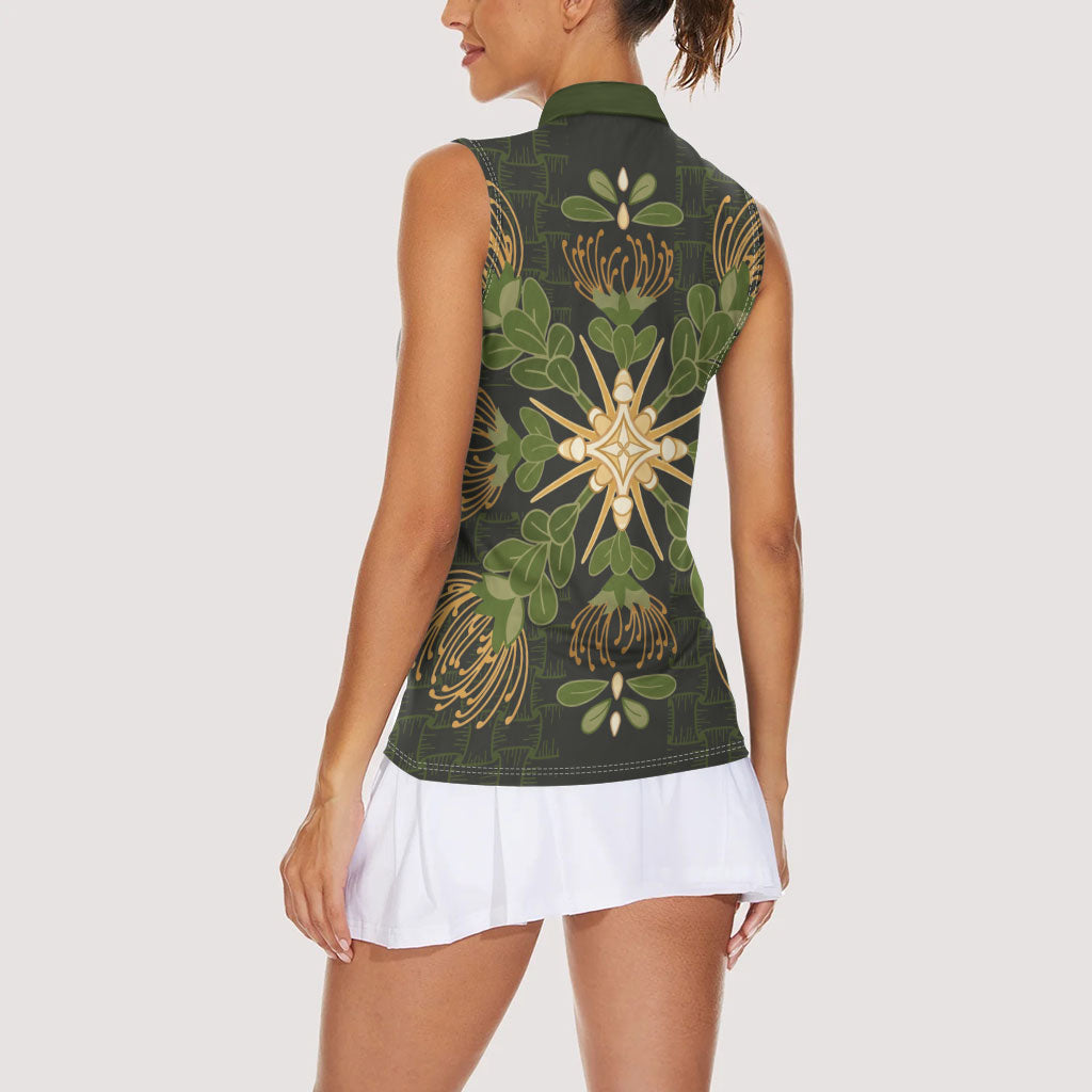 Hawaii Ohia Lehua Squares Women Sleeveless Polo Shirt Hawaiian Quilt Inspired Floral Pattern