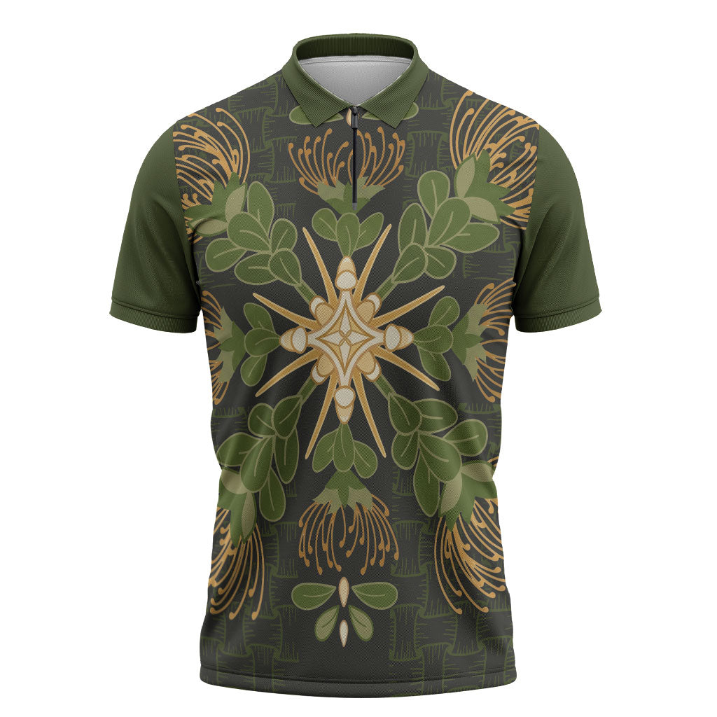 Hawaii Ohia Lehua Squares Zipper Polo Shirt Hawaiian Quilt Inspired Floral Pattern