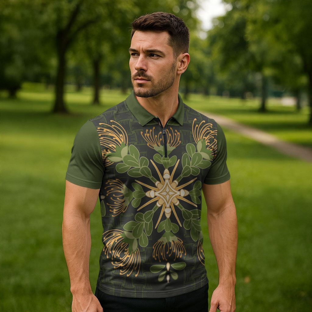 Hawaii Ohia Lehua Squares Zipper Polo Shirt Hawaiian Quilt Inspired Floral Pattern