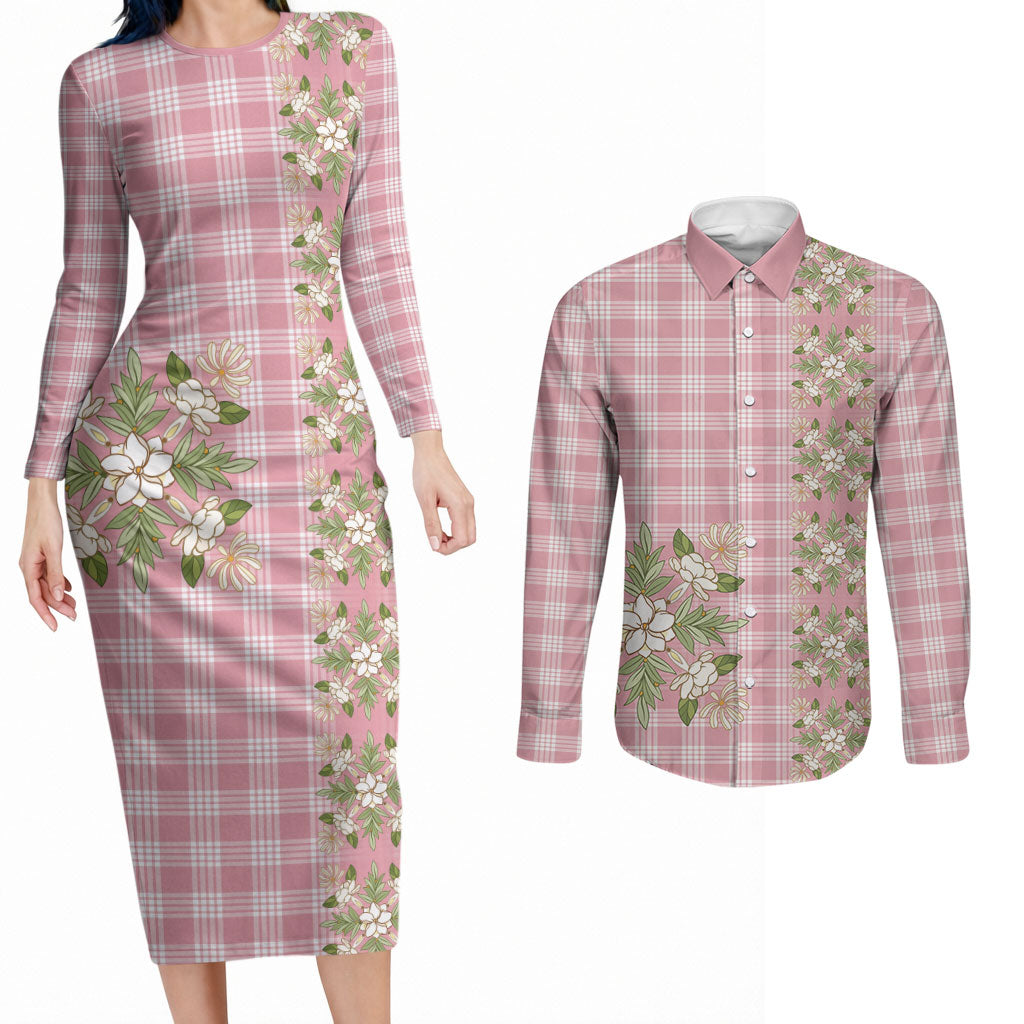 Akala Hamele Hawai'i Palaka Squares Maile Leaf Couples Matching Long Sleeve Bodycon Dress and Long Sleeve Button Shirt Flowers Hawaiian Quilt Patterns