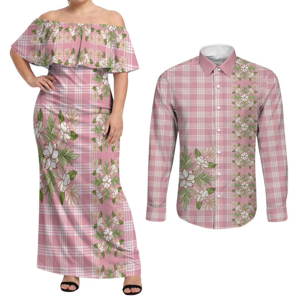 Akala Hamele Hawai'i Palaka Squares Maile Leaf Couples Matching Off Shoulder Maxi Dress and Long Sleeve Button Shirt Flowers Hawaiian Quilt Patterns LT9 Dusty Rose - Polynesian Pride