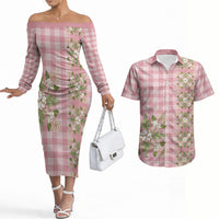Akala Hamele Hawai'i Palaka Squares Maile Leaf Couples Matching Off The Shoulder Long Sleeve Dress and Hawaiian Shirt Flowers Hawaiian Quilt Patterns