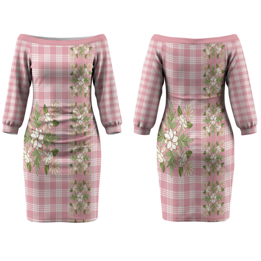 Akala Hamele Hawai'i Palaka Squares Maile Leaf Couples Matching Off The Shoulder Long Sleeve Dress and Hawaiian Shirt Flowers Hawaiian Quilt Patterns