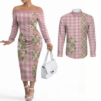 Akala Hamele Hawai'i Palaka Squares Maile Leaf Couples Matching Off The Shoulder Long Sleeve Dress and Long Sleeve Button Shirt Flowers Hawaiian Quilt Patterns