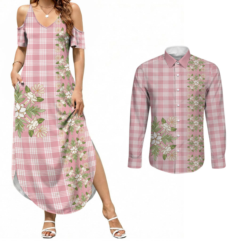 Akala Hamele Hawai'i Palaka Squares Maile Leaf Couples Matching Summer Maxi Dress and Long Sleeve Button Shirt Flowers Hawaiian Quilt Patterns