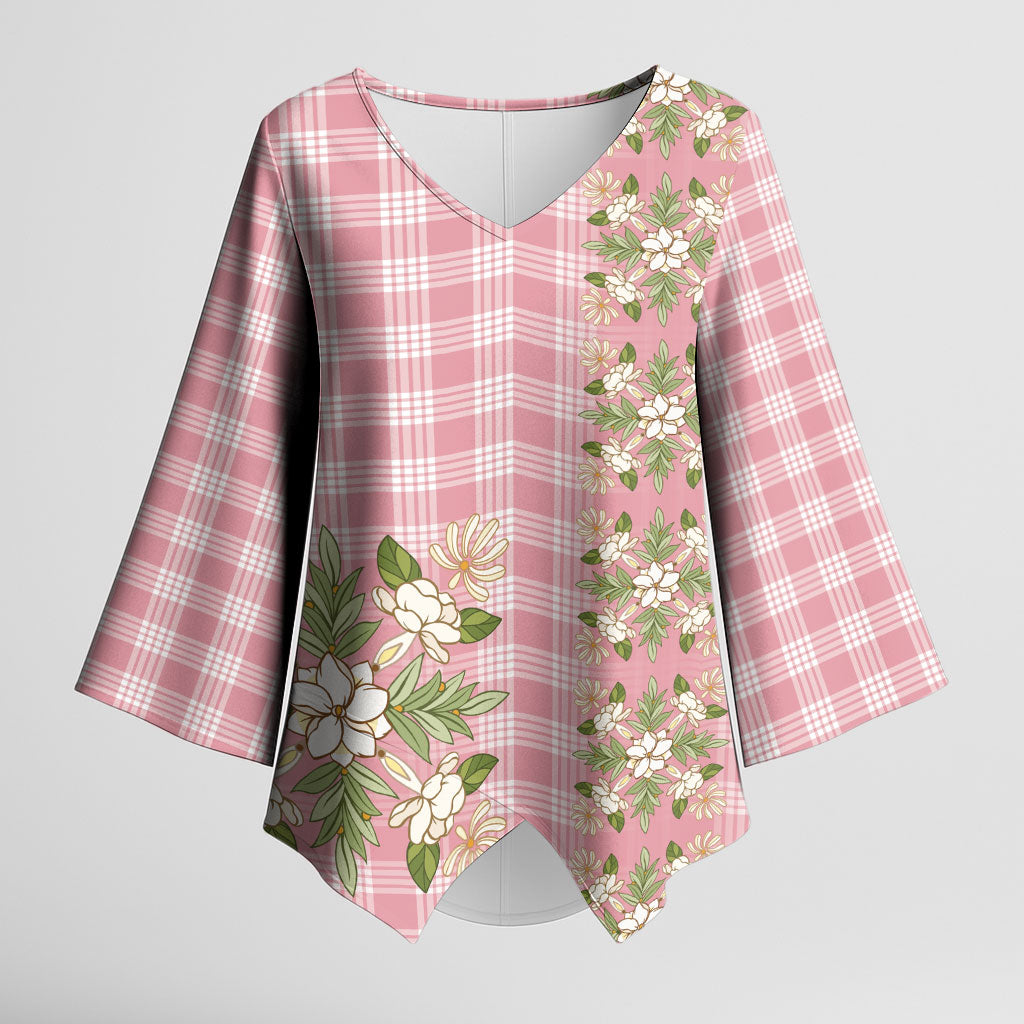 Akala Hamele Hawai'i Palaka Squares Maile Leaf Kimono Sleeve Blouse Flowers Hawaiian Quilt Patterns LT9 Female Dusty Rose - Polynesian Pride
