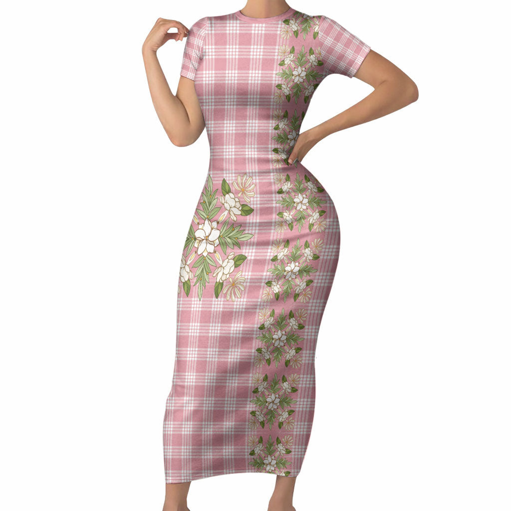 Akala Hamele Hawai'i Palaka Squares Maile Leaf Short Sleeve Bodycon Dress Flowers Hawaiian Quilt Patterns LT9 Long Dress Dusty Rose - Polynesian Pride