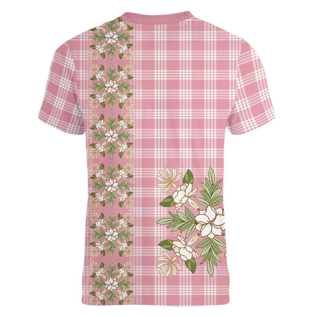 Akala Hamele Hawai'i Palaka Squares Maile Leaf Women V-Neck T-Shirt Flowers Hawaiian Quilt Patterns