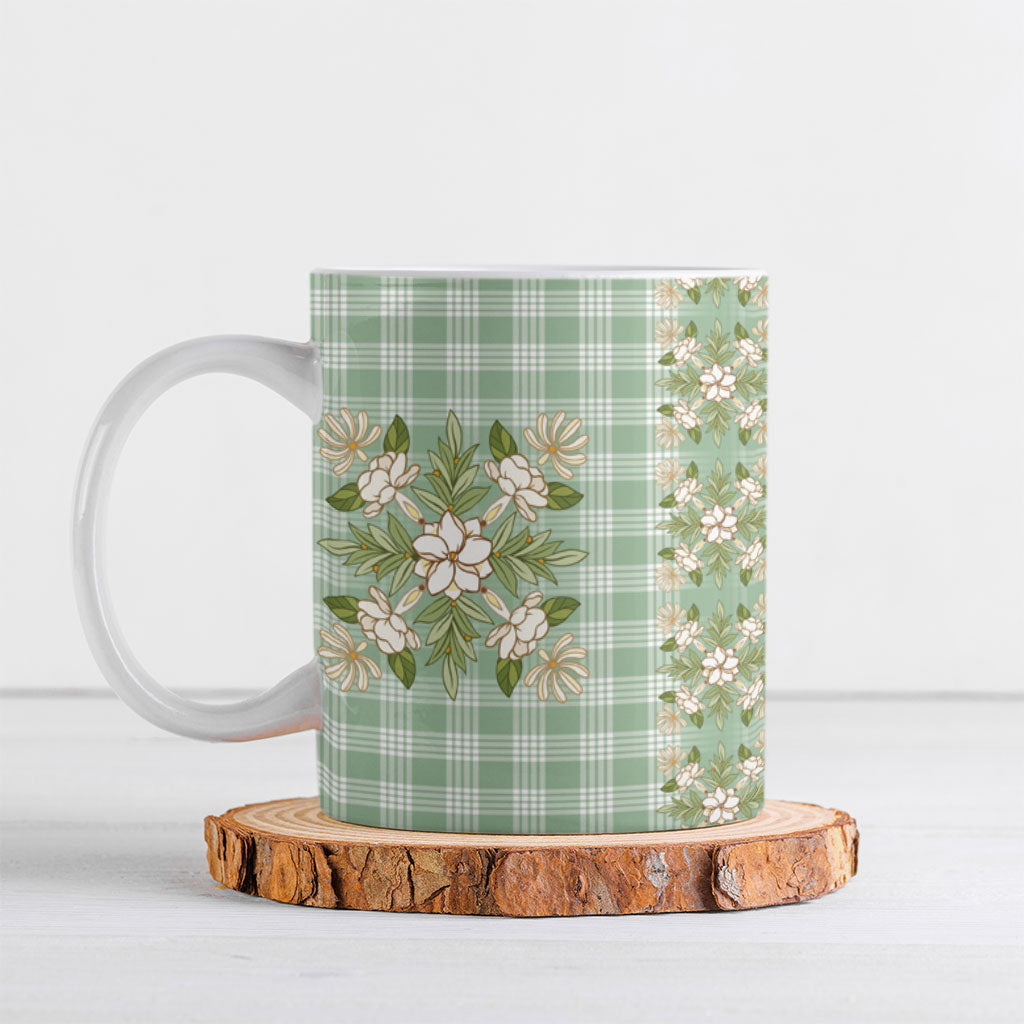 Liko Kukui Hawai'i Palaka Squares Maile Leaf Ceramic Mug Flowers Hawaiian Quilt Patterns