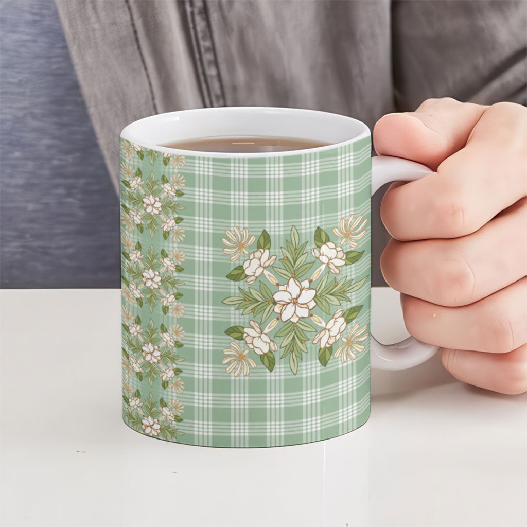 Liko Kukui Hawai'i Palaka Squares Maile Leaf Ceramic Mug Flowers Hawaiian Quilt Patterns