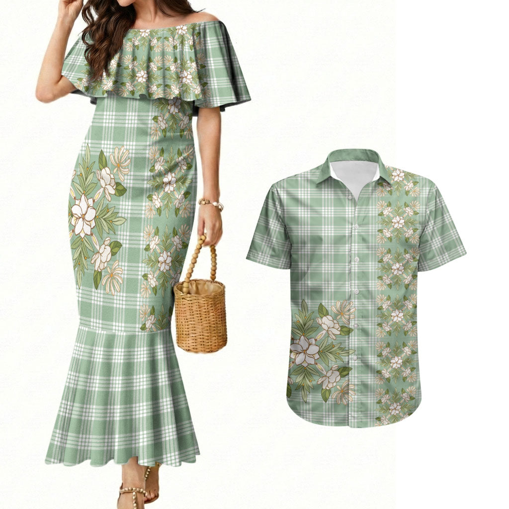 Liko Kukui Hawai'i Palaka Squares Maile Leaf Couples Matching Mermaid Dress and Hawaiian Shirt Flowers Hawaiian Quilt Patterns