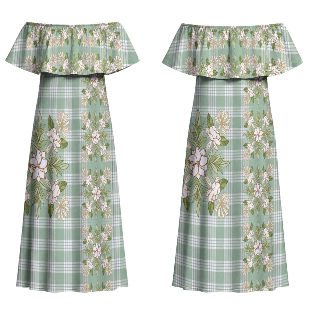 Liko Kukui Hawai'i Palaka Squares Maile Leaf Couples Matching Off Shoulder Maxi Dress and Long Sleeve Button Shirt Flowers Hawaiian Quilt Patterns