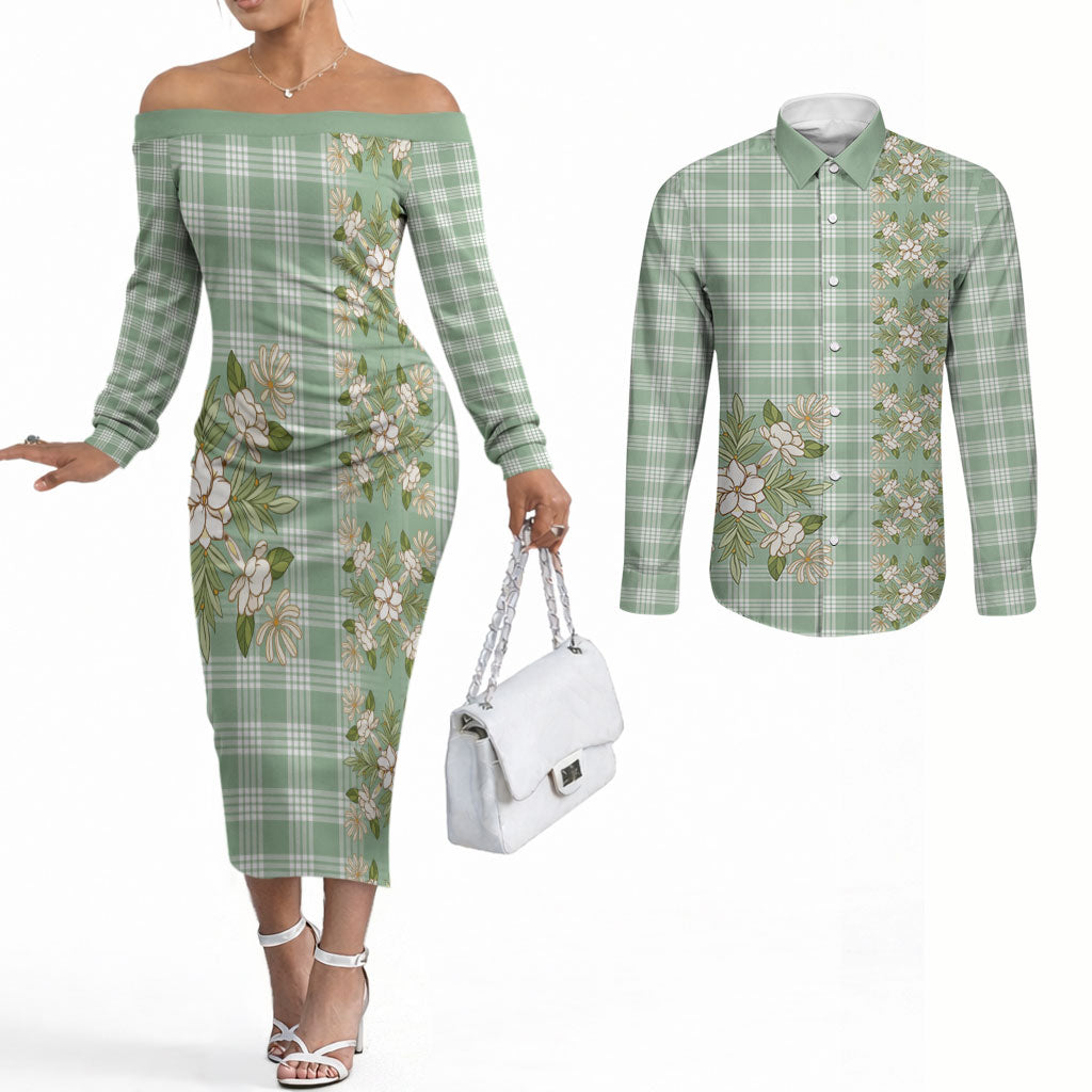 Liko Kukui Hawai'i Palaka Squares Maile Leaf Couples Matching Off The Shoulder Long Sleeve Dress and Long Sleeve Button Shirt Flowers Hawaiian Quilt Patterns LT9 Sage Green - Polynesian Pride
