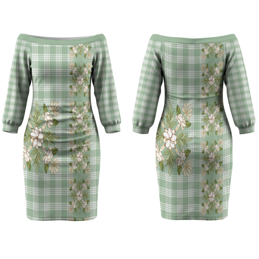 Liko Kukui Hawai'i Palaka Squares Maile Leaf Couples Matching Off The Shoulder Long Sleeve Dress and Long Sleeve Button Shirt Flowers Hawaiian Quilt Patterns