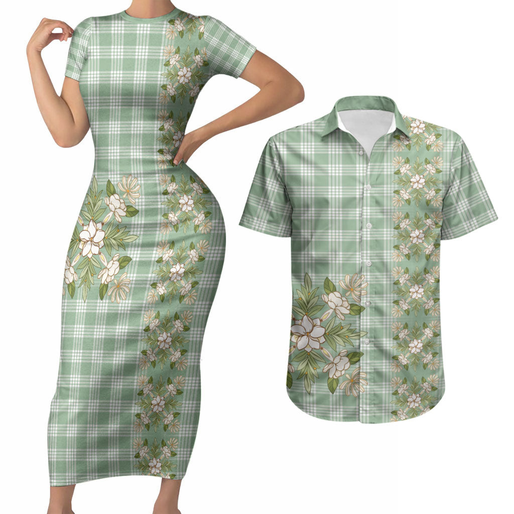 Liko Kukui Hawai'i Palaka Squares Maile Leaf Couples Matching Short Sleeve Bodycon Dress and Hawaiian Shirt Flowers Hawaiian Quilt Patterns LT9 Sage Green - Polynesian Pride