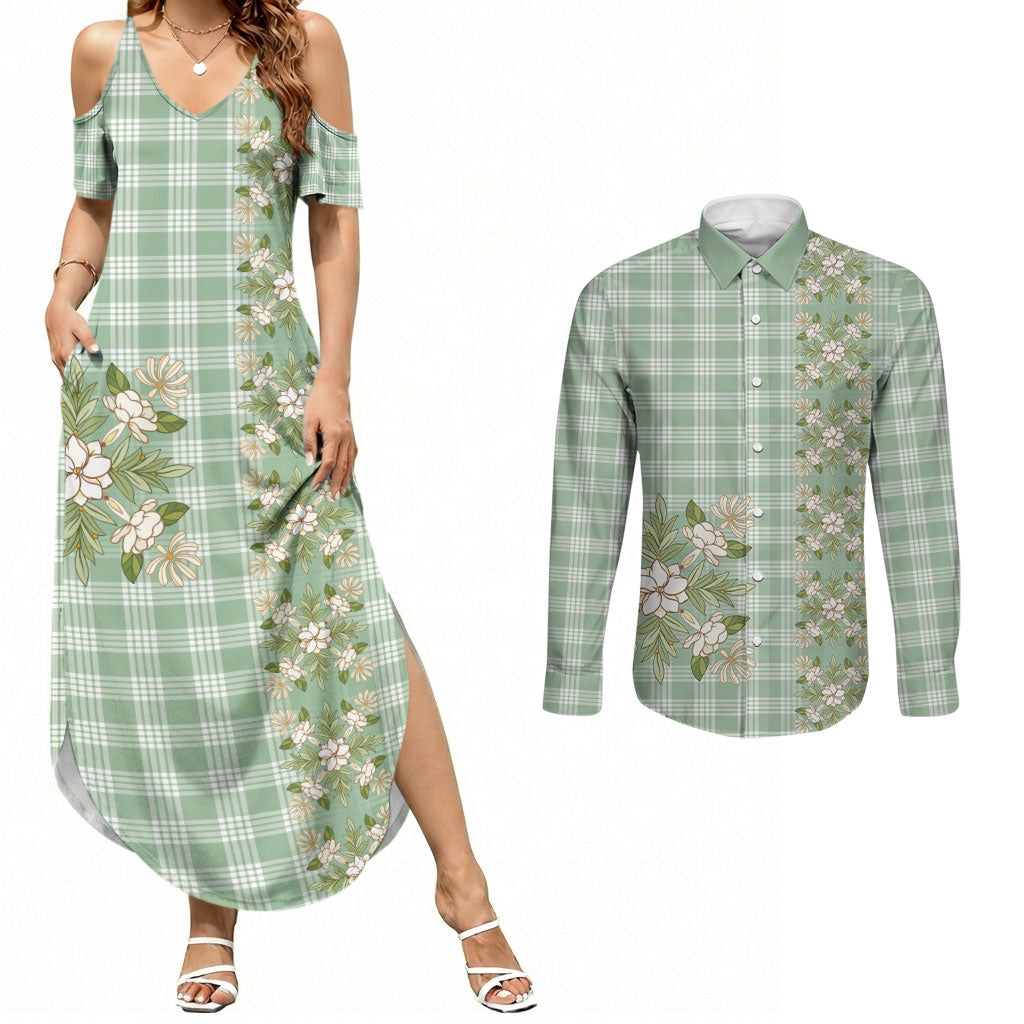 Liko Kukui Hawai'i Palaka Squares Maile Leaf Couples Matching Summer Maxi Dress and Long Sleeve Button Shirt Flowers Hawaiian Quilt Patterns