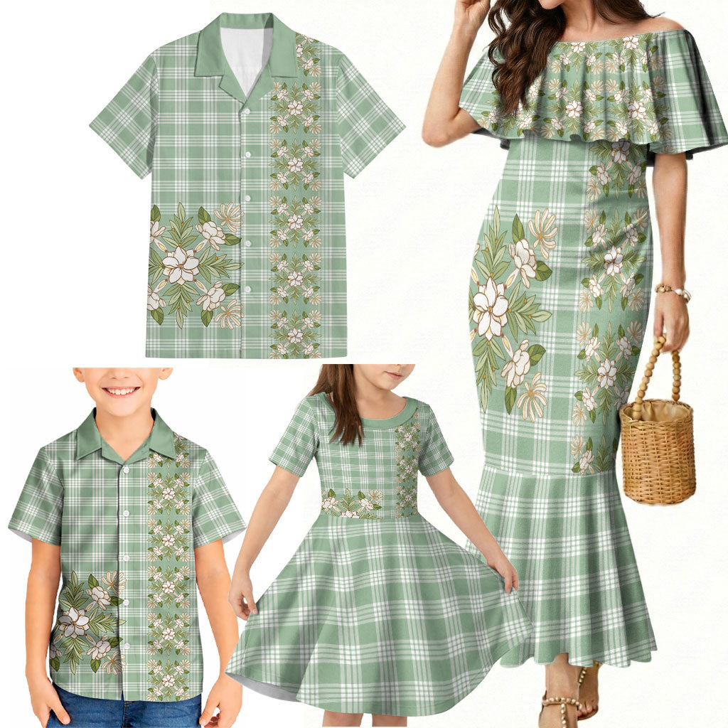 Liko Kukui Hawai'i Palaka Squares Maile Leaf Family Matching Mermaid Dress and Hawaiian Shirt Flowers Hawaiian Quilt Patterns