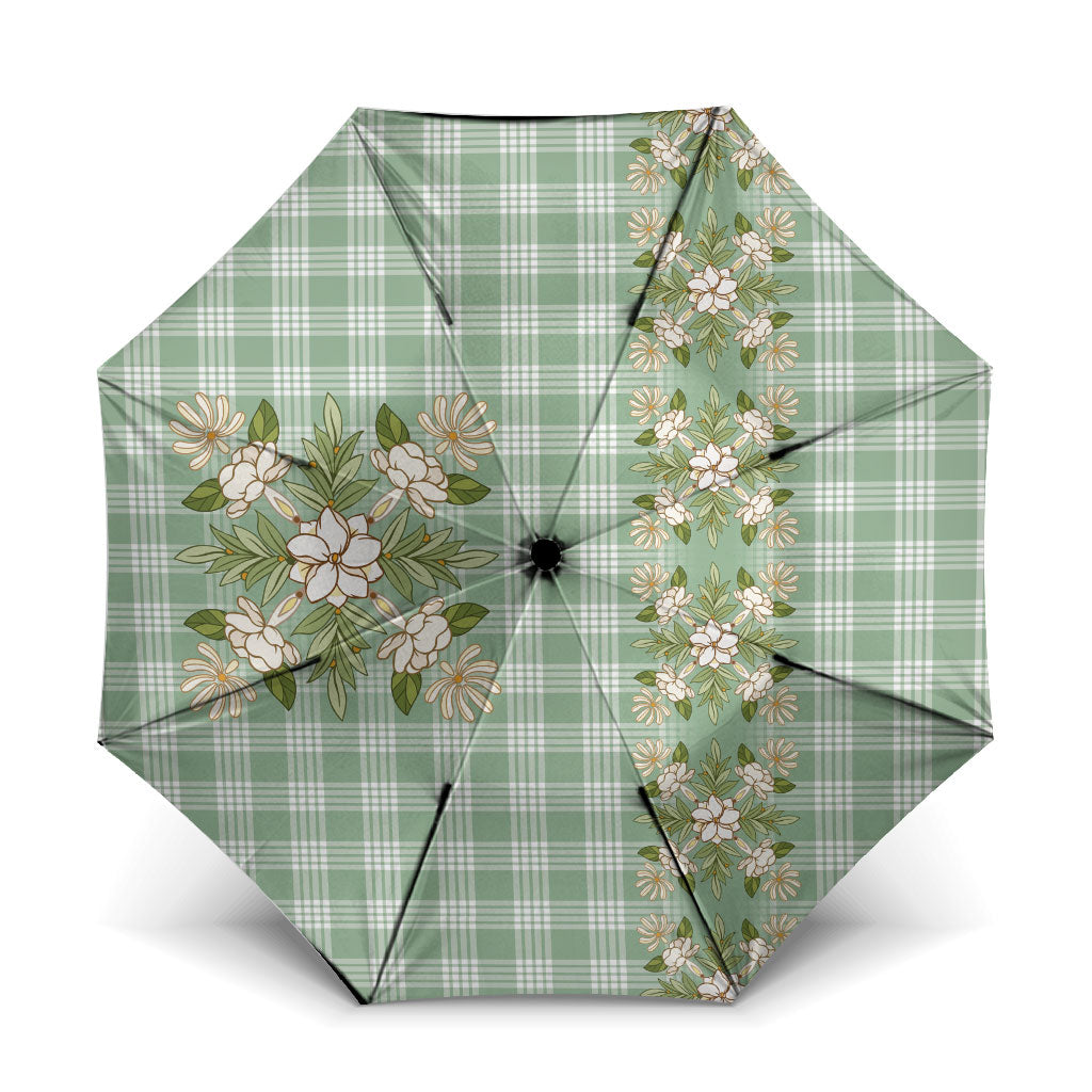 Liko Kukui Hawai'i Palaka Squares Maile Leaf Umbrella Flowers Hawaiian Quilt Patterns LT9 One Size Folded 11.42 inch Opened Diameter 37.4 inch Sage Green - Polynesian Pride