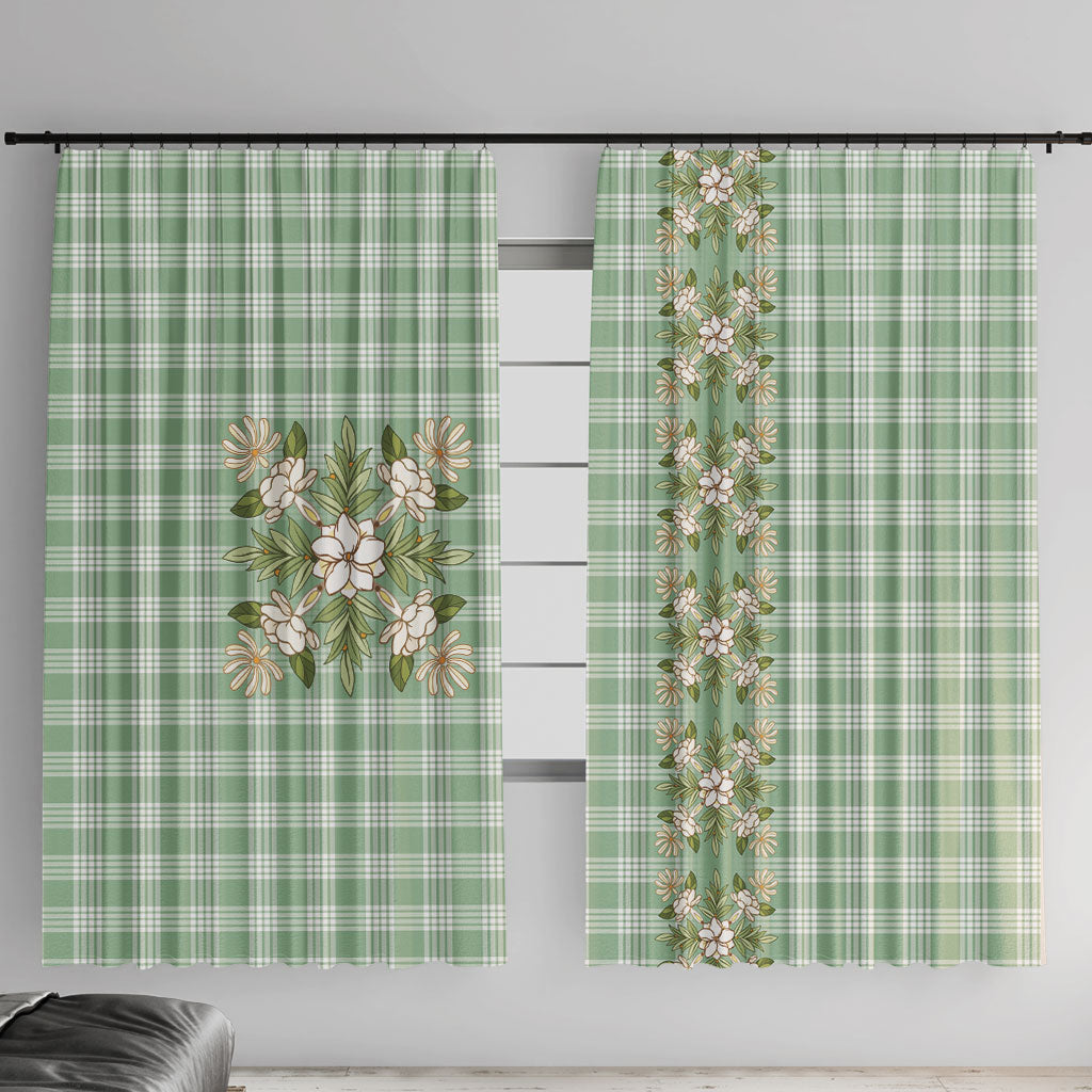 Liko Kukui Hawai'i Palaka Squares Maile Leaf Window Curtain Flowers Hawaiian Quilt Patterns LT9 With Hooks Sage Green - Polynesian Pride