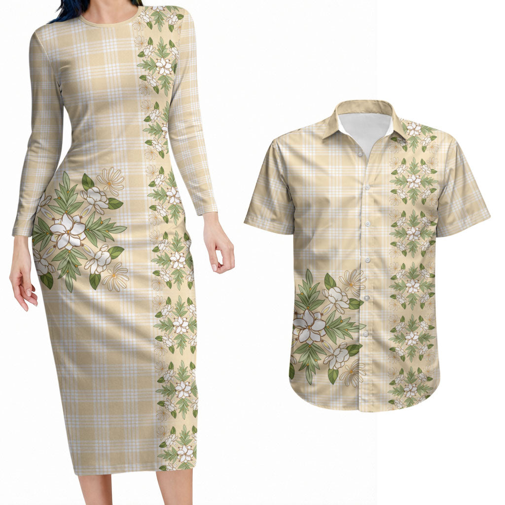 Melemele Ahiahia Hawai'i Palaka Squares Maile Leaf Couples Matching Long Sleeve Bodycon Dress and Hawaiian Shirt Flowers Hawaiian Quilt Patterns