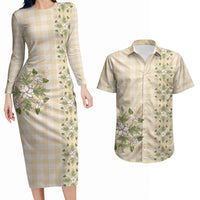 Melemele Ahiahia Hawai'i Palaka Squares Maile Leaf Couples Matching Long Sleeve Bodycon Dress and Hawaiian Shirt Flowers Hawaiian Quilt Patterns