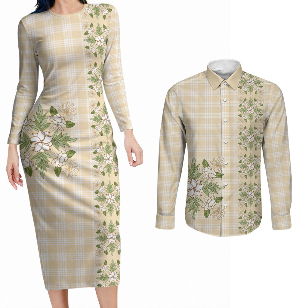 Melemele Ahiahia Hawai'i Palaka Squares Maile Leaf Couples Matching Long Sleeve Bodycon Dress and Long Sleeve Button Shirt Flowers Hawaiian Quilt Patterns LT9 Pastel Yellow - Polynesian Pride