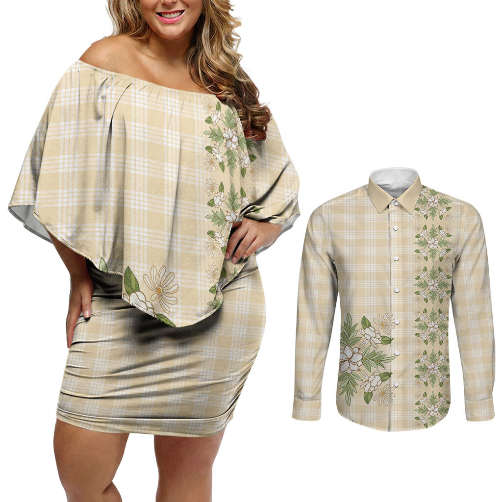 Melemele Ahiahia Hawai'i Palaka Squares Maile Leaf Couples Matching Off Shoulder Short Dress and Long Sleeve Button Shirt Flowers Hawaiian Quilt Patterns LT9 Pastel Yellow - Polynesian Pride