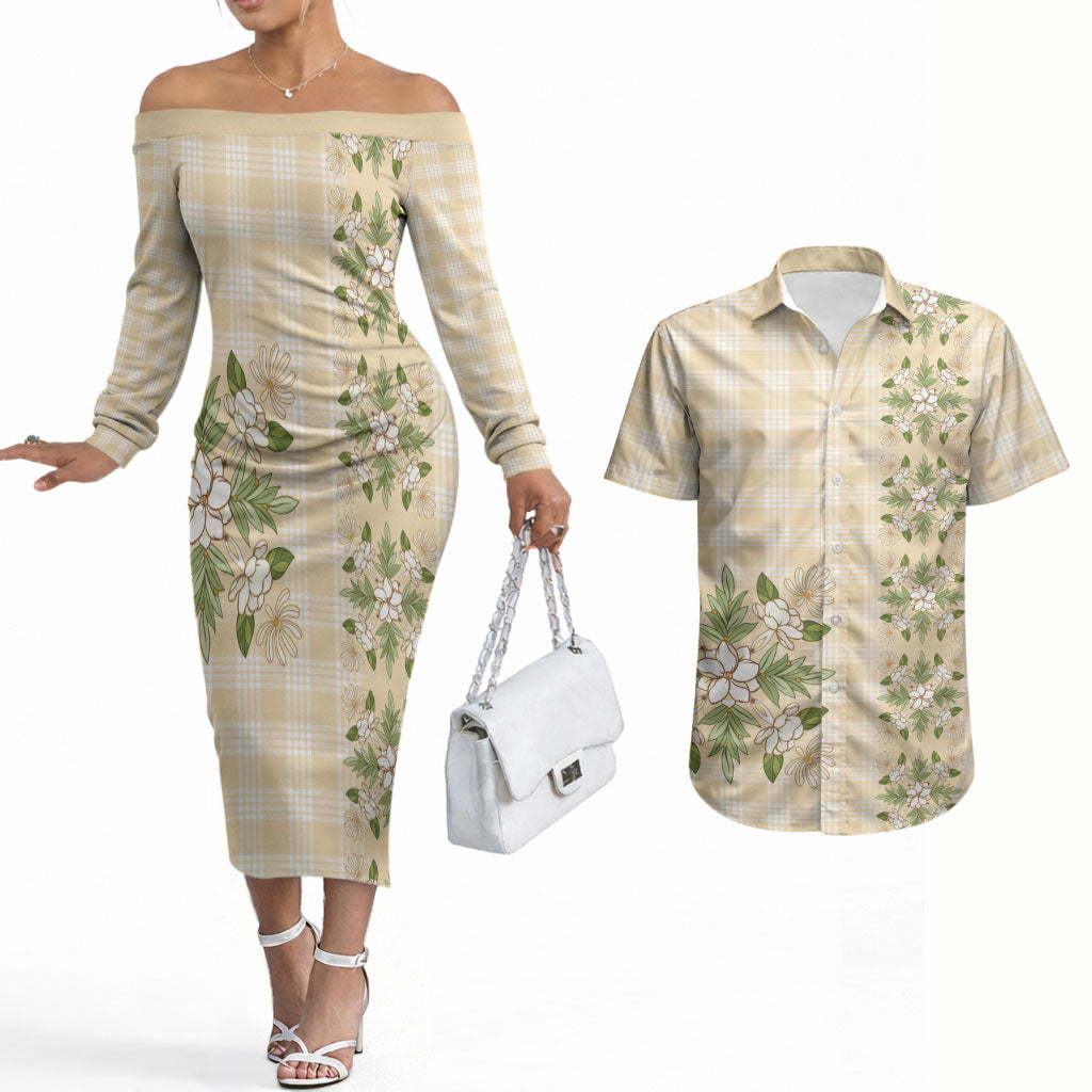 Melemele Ahiahia Hawai'i Palaka Squares Maile Leaf Couples Matching Off The Shoulder Long Sleeve Dress and Hawaiian Shirt Flowers Hawaiian Quilt Patterns LT9 Pastel Yellow - Polynesian Pride