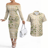Melemele Ahiahia Hawai'i Palaka Squares Maile Leaf Couples Matching Off The Shoulder Long Sleeve Dress and Hawaiian Shirt Flowers Hawaiian Quilt Patterns