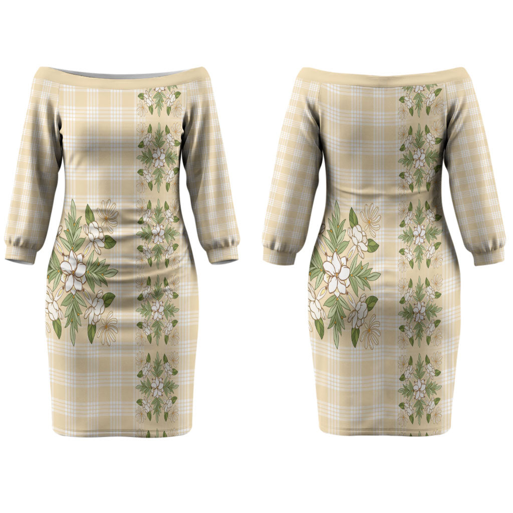 Melemele Ahiahia Hawai'i Palaka Squares Maile Leaf Couples Matching Off The Shoulder Long Sleeve Dress and Hawaiian Shirt Flowers Hawaiian Quilt Patterns