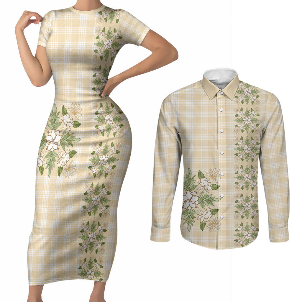Melemele Ahiahia Hawai'i Palaka Squares Maile Leaf Couples Matching Short Sleeve Bodycon Dress and Long Sleeve Button Shirt Flowers Hawaiian Quilt Patterns