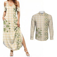Melemele Ahiahia Hawai'i Palaka Squares Maile Leaf Couples Matching Summer Maxi Dress and Long Sleeve Button Shirt Flowers Hawaiian Quilt Patterns