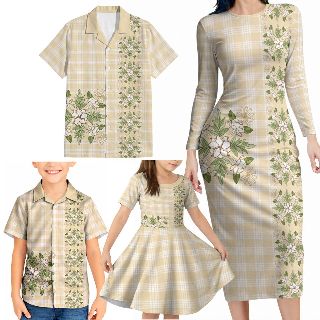 Melemele Ahiahia Hawai'i Palaka Squares Maile Leaf Family Matching Long Sleeve Bodycon Dress and Hawaiian Shirt Flowers Hawaiian Quilt Patterns LT9 - Polynesian Pride