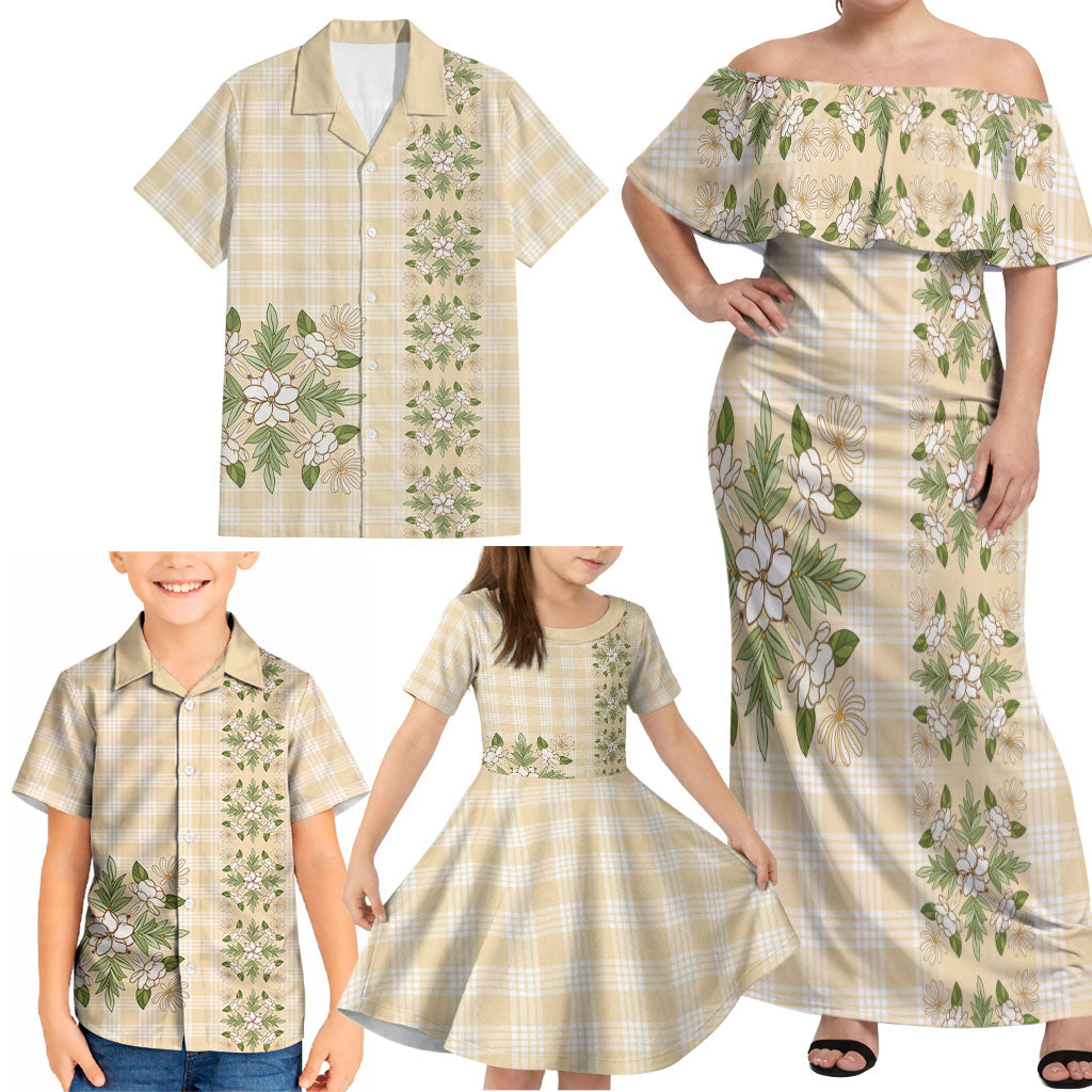 Melemele Ahiahia Hawai'i Palaka Squares Maile Leaf Family Matching Off Shoulder Maxi Dress and Hawaiian Shirt Flowers Hawaiian Quilt Patterns