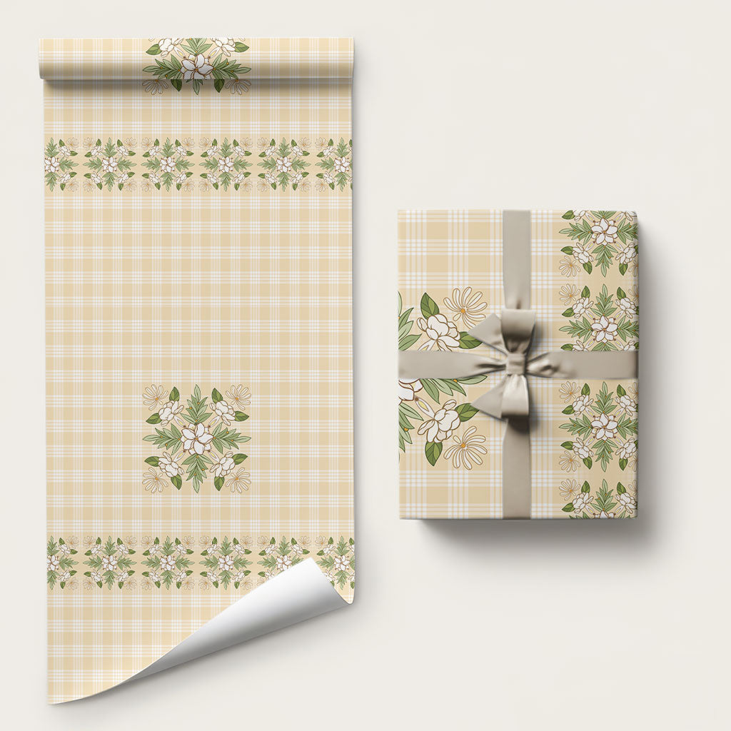 Melemele Ahiahia Hawai'i Palaka Squares Maile Leaf Wrapping Paper Flowers Hawaiian Quilt Patterns LT9 58" × 23" Pastel Yellow - Polynesian Pride