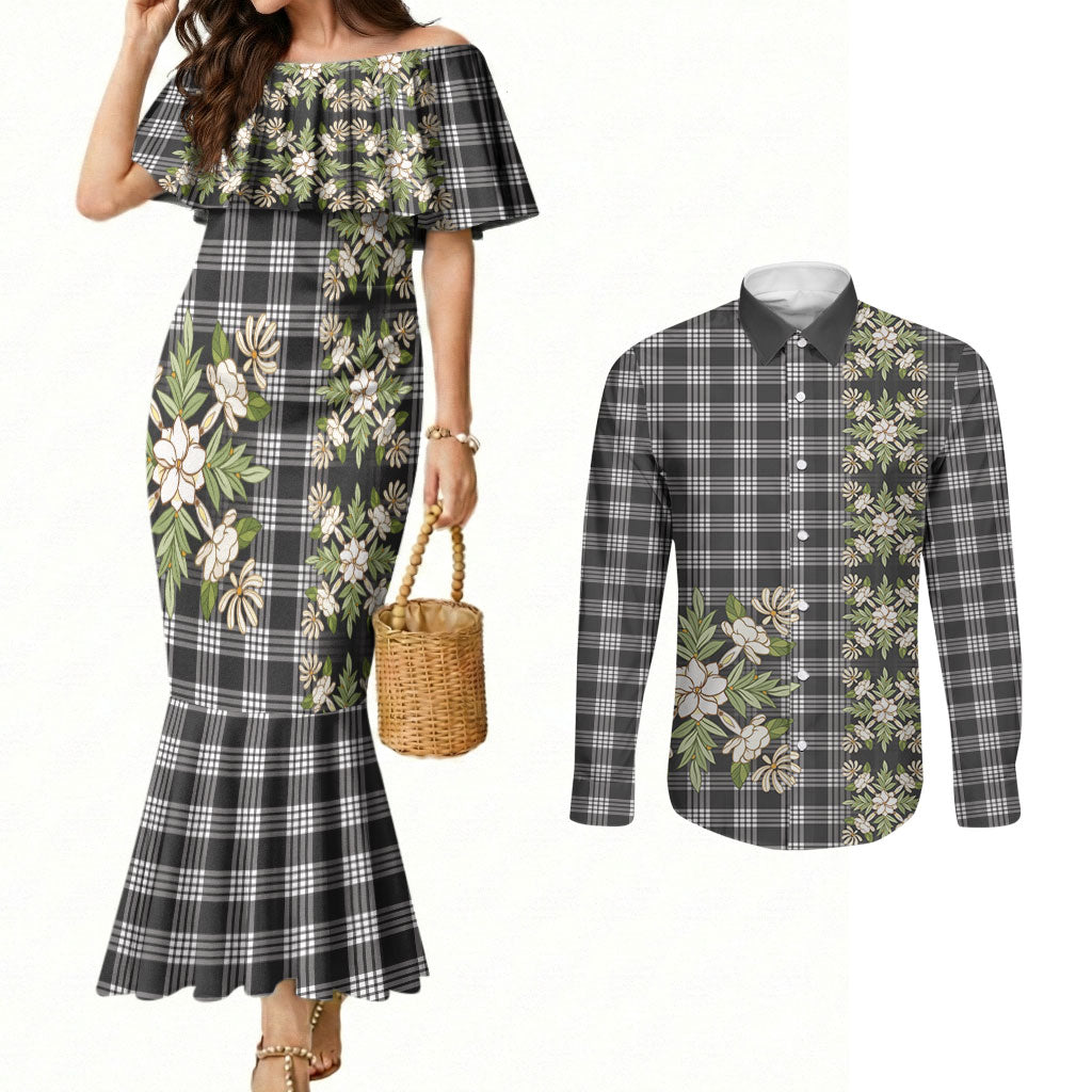Pauli Hawai'i Palaka Squares Maile Leaf Couples Matching Mermaid Dress and Long Sleeve Button Shirt Flowers Hawaiian Quilt Patterns LT9 Soft Black - Polynesian Pride