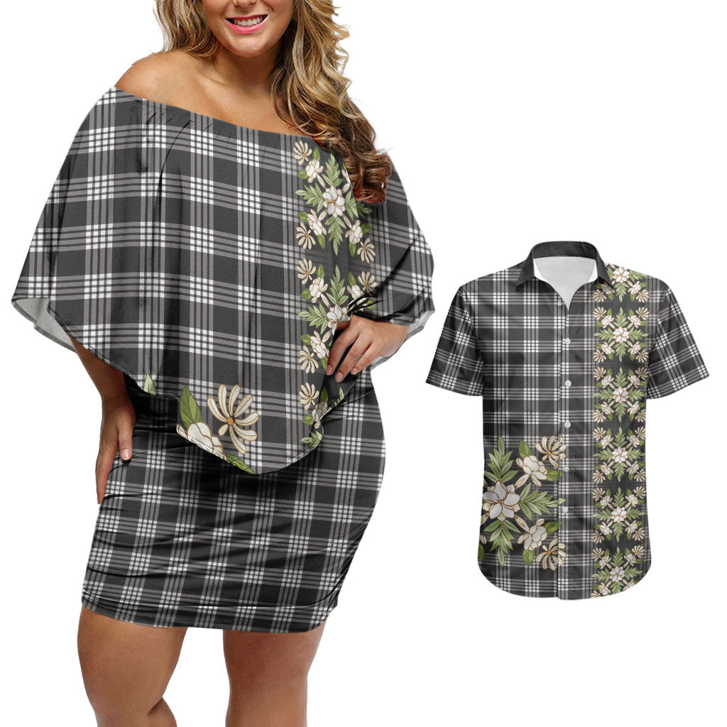 Pauli Hawai'i Palaka Squares Maile Leaf Couples Matching Off Shoulder Short Dress and Hawaiian Shirt Flowers Hawaiian Quilt Patterns