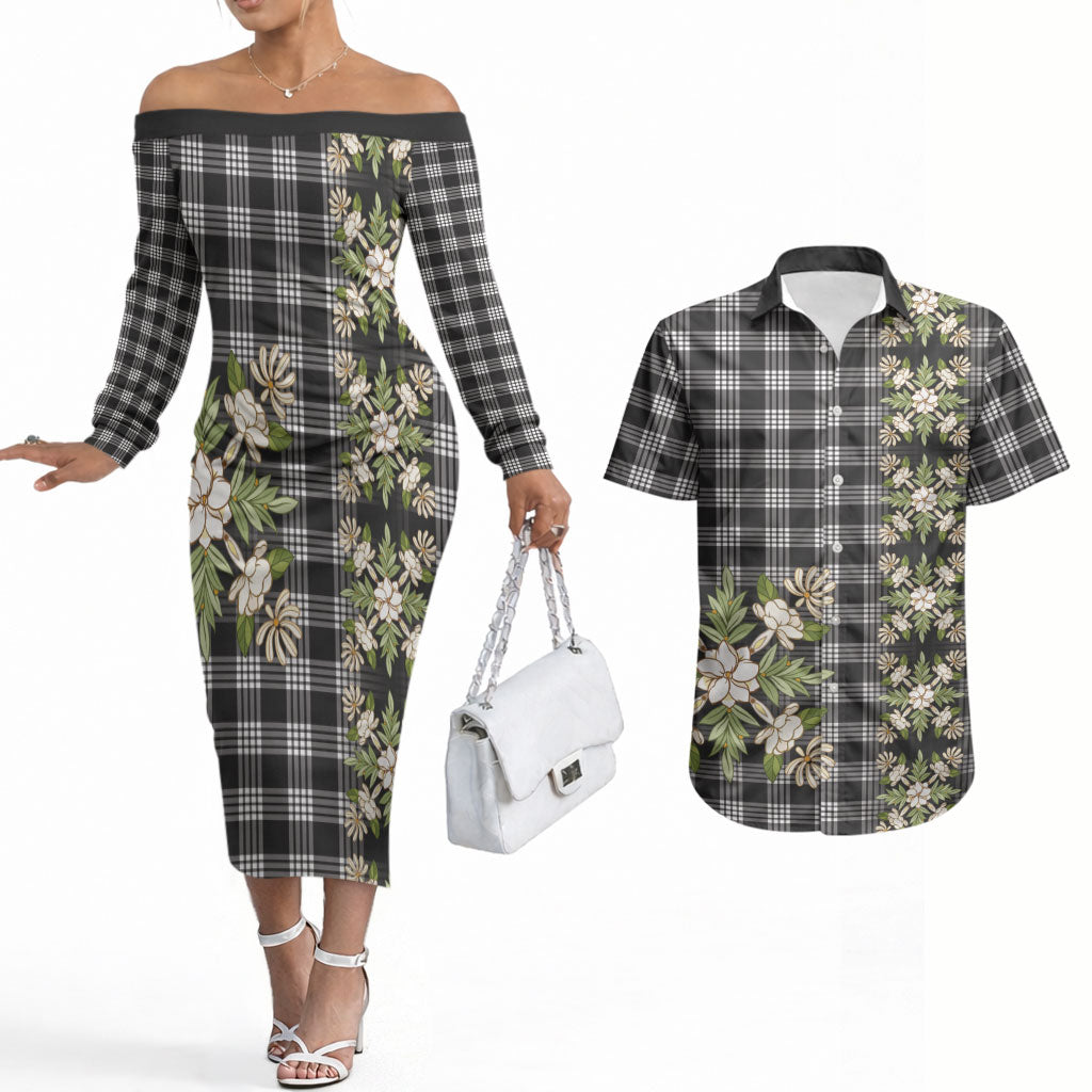 Pauli Hawai'i Palaka Squares Maile Leaf Couples Matching Off The Shoulder Long Sleeve Dress and Hawaiian Shirt Flowers Hawaiian Quilt Patterns LT9 Soft Black - Polynesian Pride