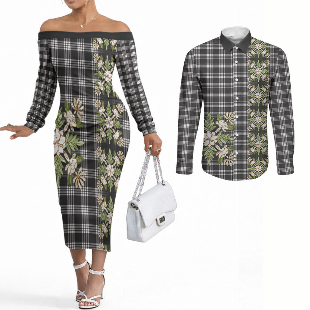 Pauli Hawai'i Palaka Squares Maile Leaf Couples Matching Off The Shoulder Long Sleeve Dress and Long Sleeve Button Shirt Flowers Hawaiian Quilt Patterns LT9 Soft Black - Polynesian Pride