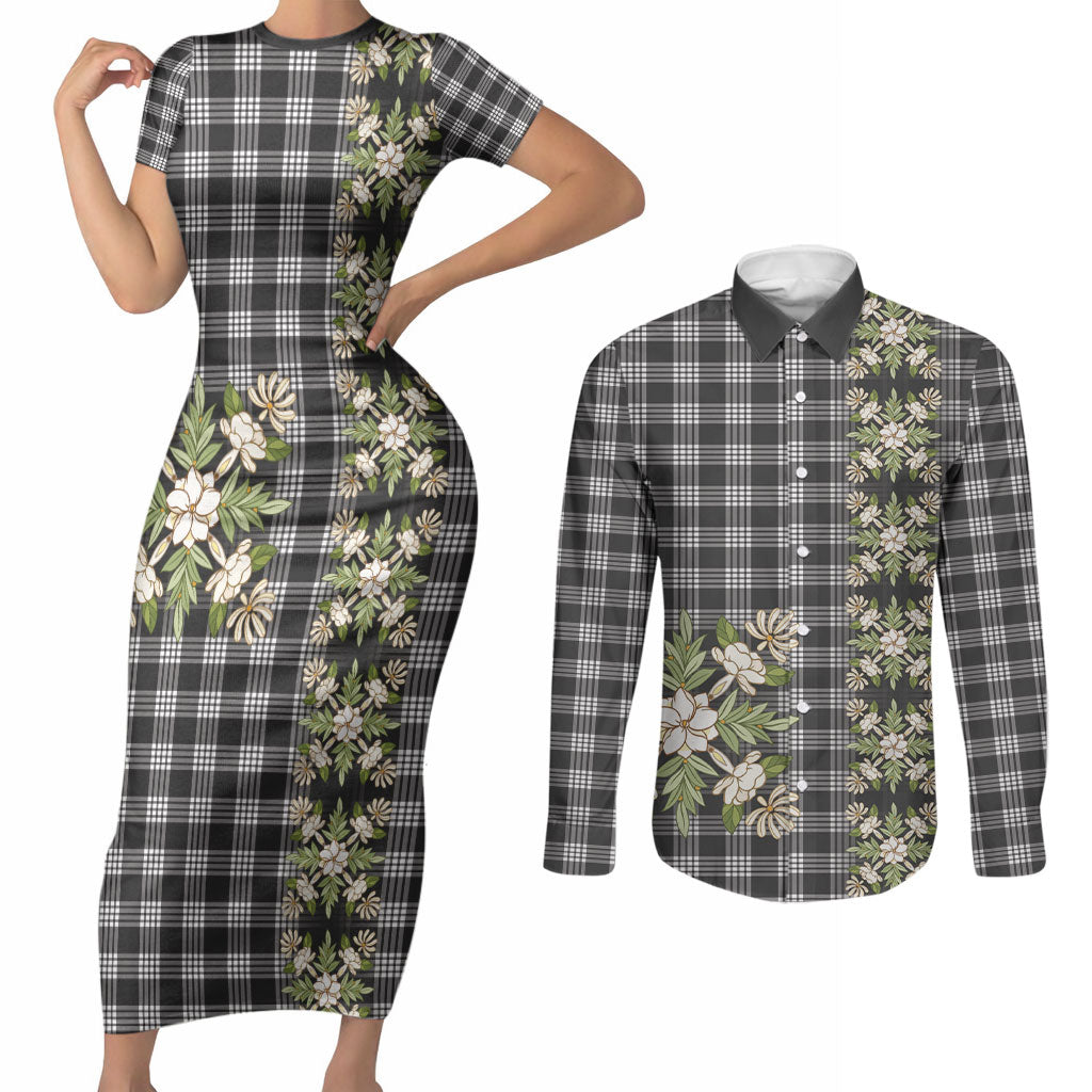 Pauli Hawai'i Palaka Squares Maile Leaf Couples Matching Short Sleeve Bodycon Dress and Long Sleeve Button Shirt Flowers Hawaiian Quilt Patterns LT9 Soft Black - Polynesian Pride