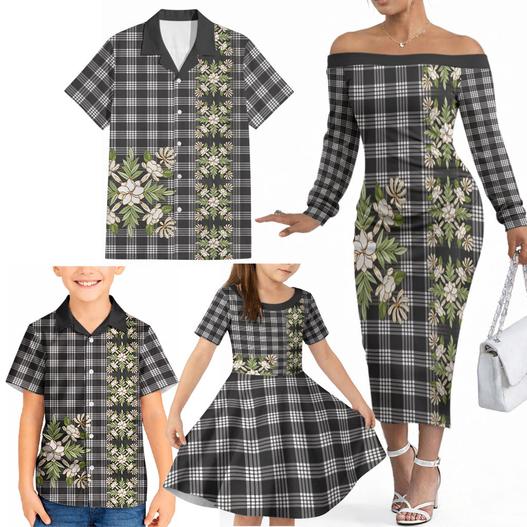 Pauli Hawai'i Palaka Squares Maile Leaf Family Matching Off The Shoulder Long Sleeve Dress and Hawaiian Shirt Flowers Hawaiian Quilt Patterns