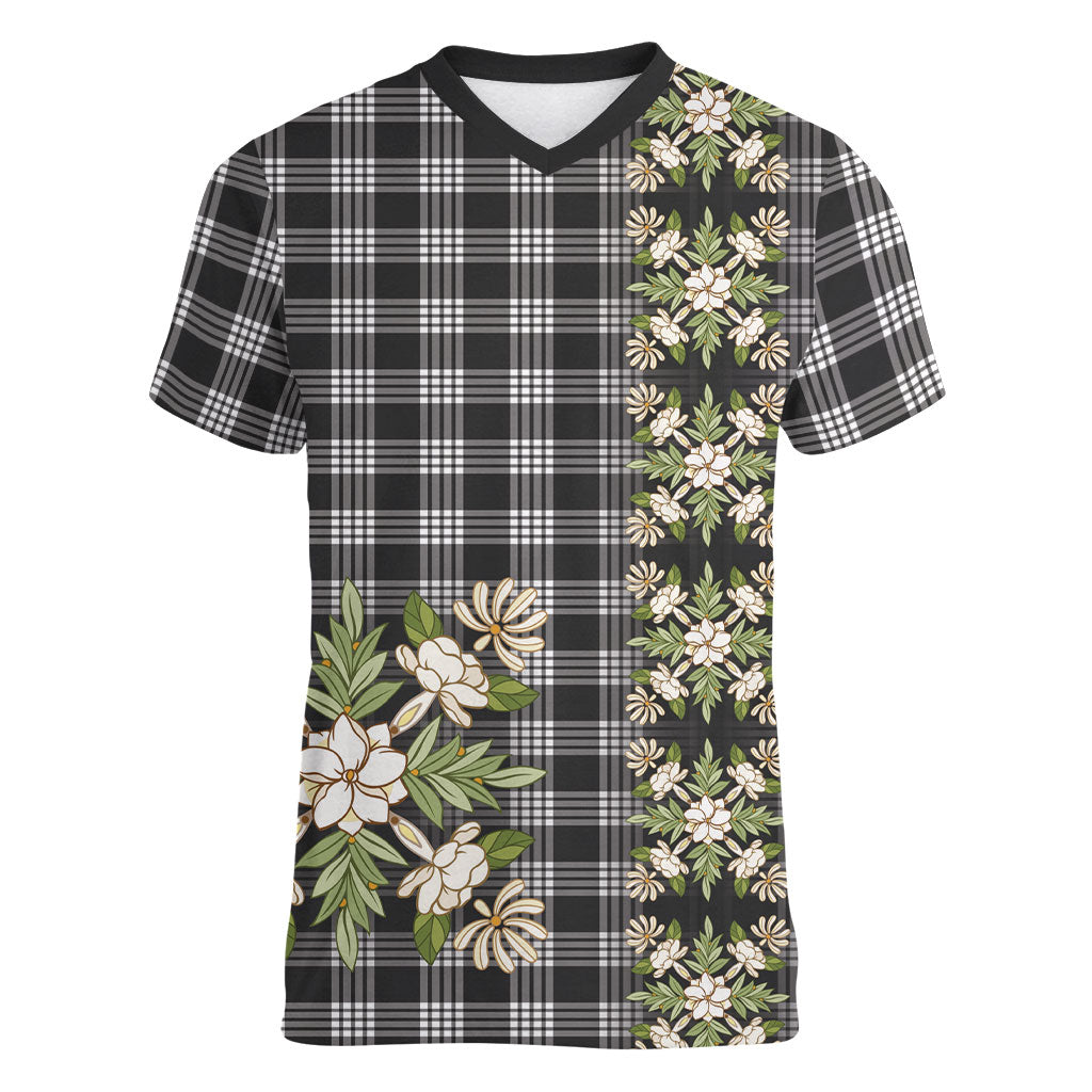 Pauli Hawai'i Palaka Squares Maile Leaf Women V-Neck T-Shirt Flowers Hawaiian Quilt Patterns